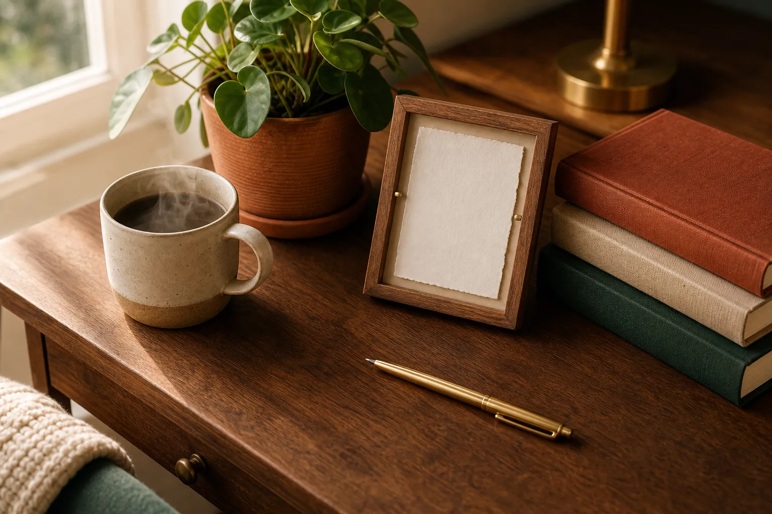 A warm desk still-life with a steaming mug, a small plant, a framed note, and a stack of books.